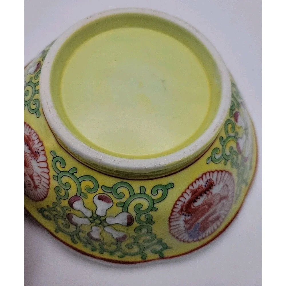 Vintage Asian Hand Painted Yellow Dragon Bowl 7⅝'' x 2½